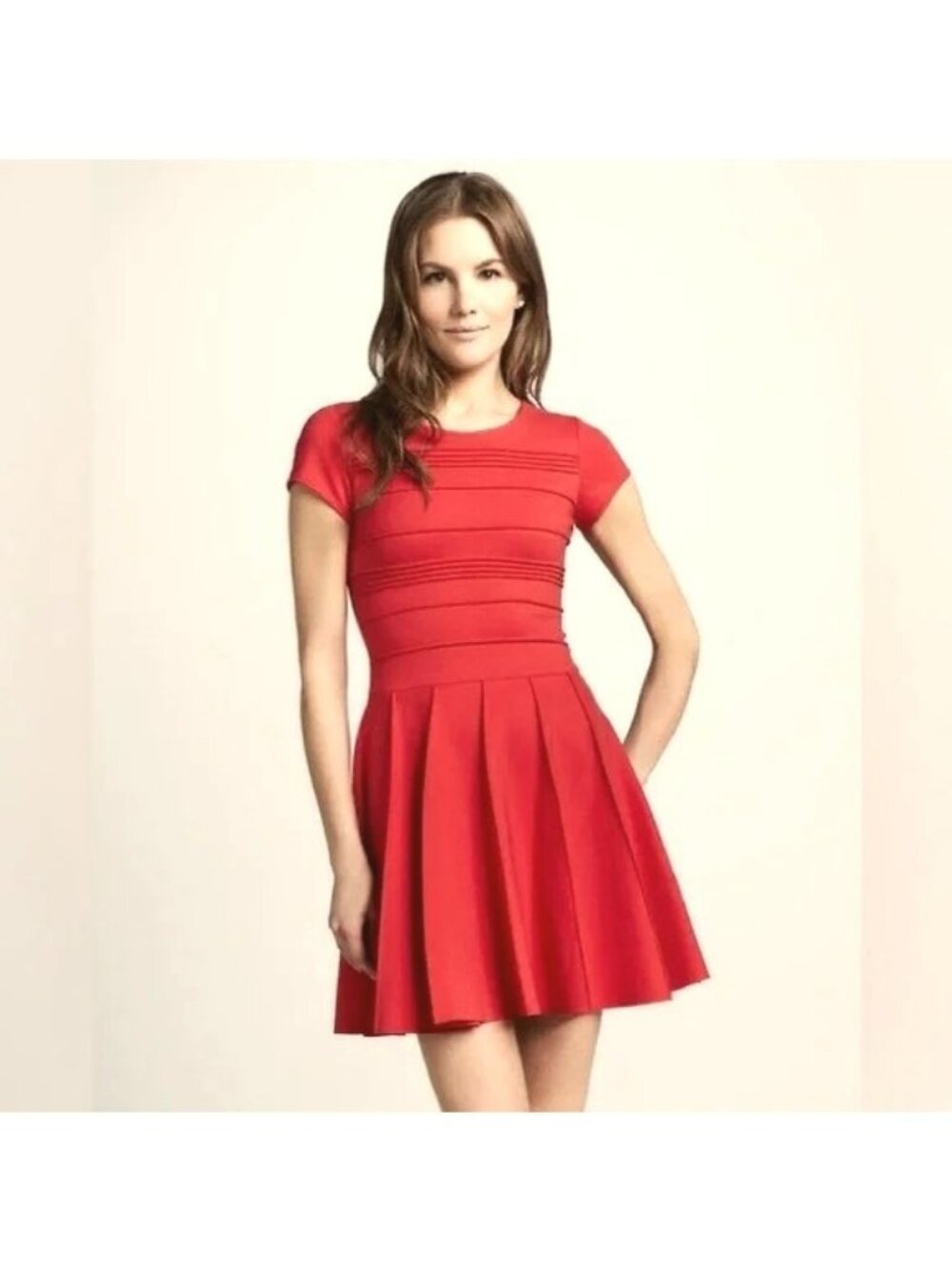 Elle Coral Seamed Ponte Knit Fit & Flare Dress Size 6 Short Sleeve Summer Party